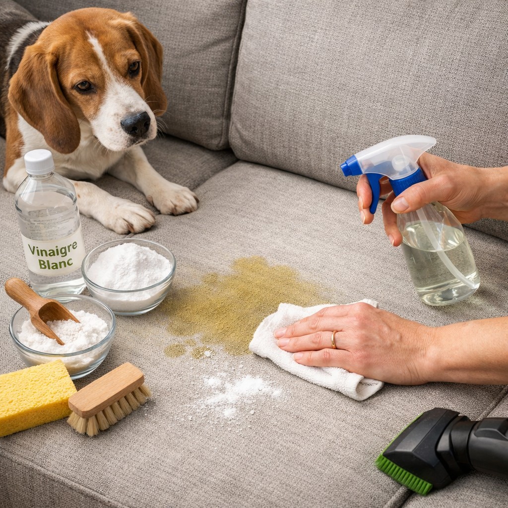 Nettoyer le pipi de chien sur un canapé en tissu avec des solutions adaptées