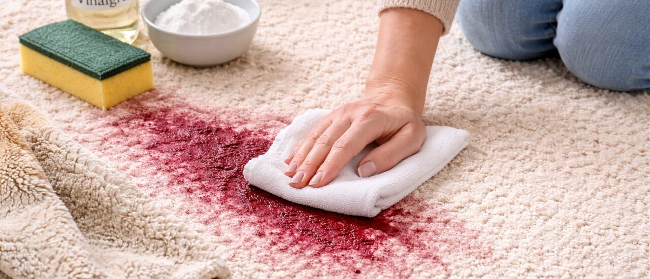 Tache de vin sur tapis clair